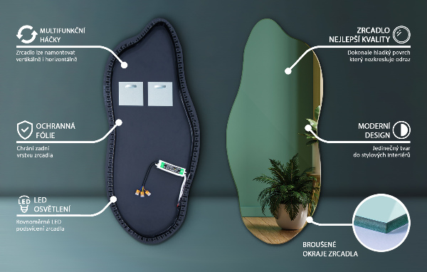 Nepravidelné zrcadlo s led osvětlením 40x90 cm