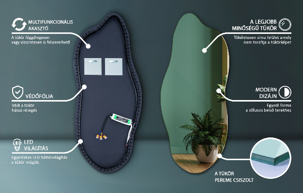 Nepravidelné zrcadlo s led osvětlením 40x90 cm