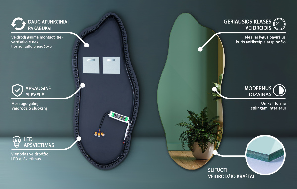 Nepravidelné zrcadlo s led osvětlením 45x100 cm