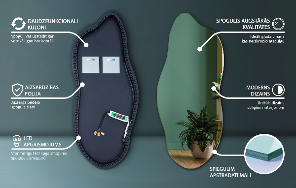 Nepravidelné zrcadlo s led osvětlením 45x100 cm