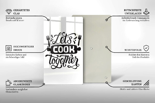 Skleněná krájecí deska Napis Let's cook together