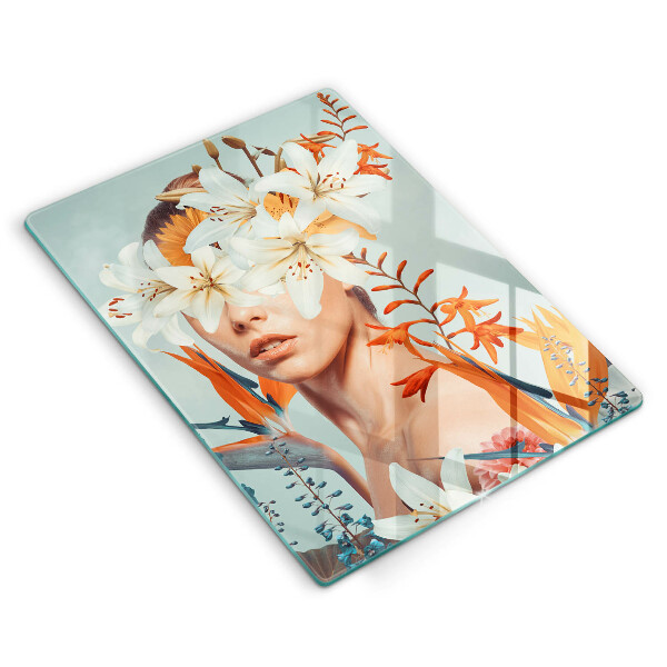 Skleněná krájecí deska Žena v květinách