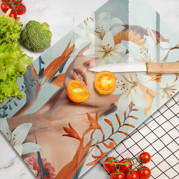 Skleněná krájecí deska Žena v květinách