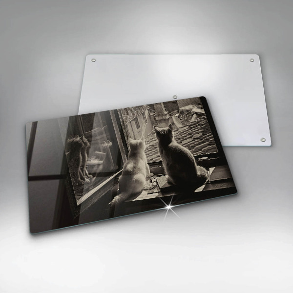 Skleněná deska do kuchyně Kočičí město a okno