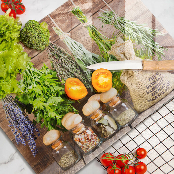 Skleněná deska do kuchyně Byliny koření a dřevo