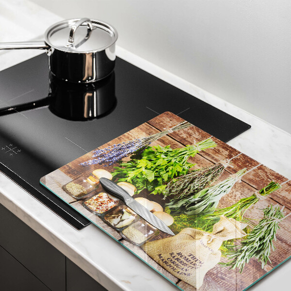 Skleněná deska do kuchyně Byliny koření a dřevo