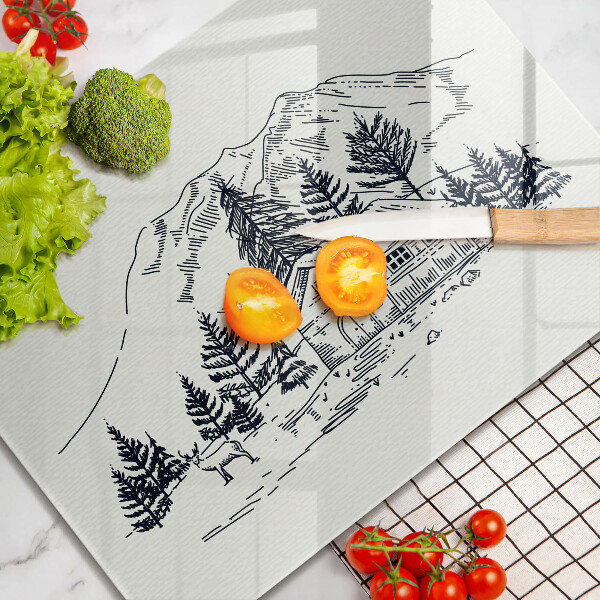 Skleněná deska do kuchyně Kresba chaty v horách