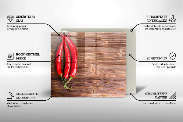 Skleněná krájecí deska Chilli papričky na dřevo