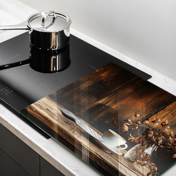 Skleněná deska do kuchyně Šálek kávy a dřevo