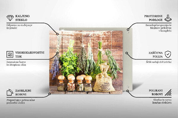 Skleněná krájecí deska Byliny koření a dřevo