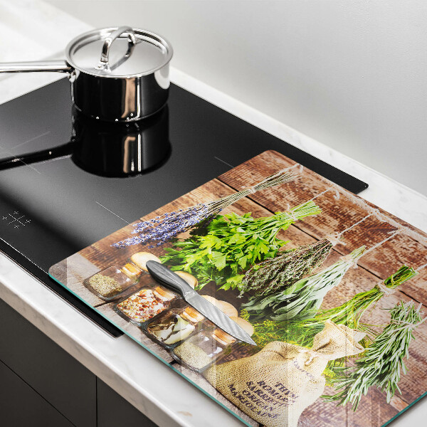 Skleněná krájecí deska Byliny koření a dřevo