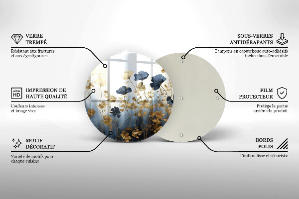 Skleněná deska do kuchyně Modré a zlaté květy