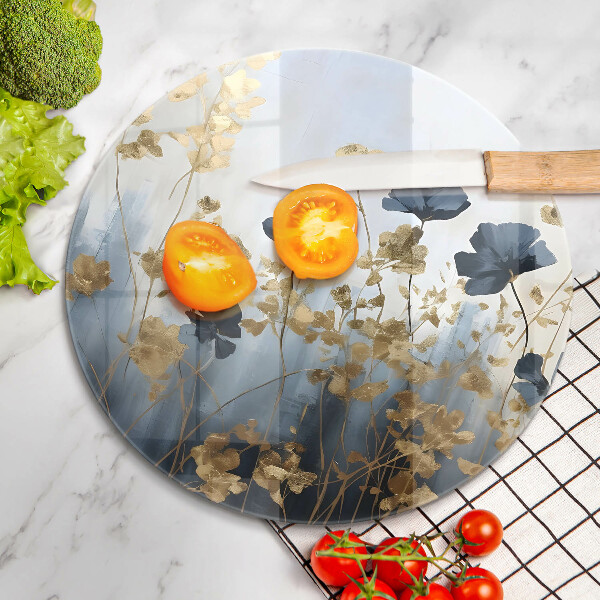 Skleněná deska do kuchyně Modré a zlaté květy