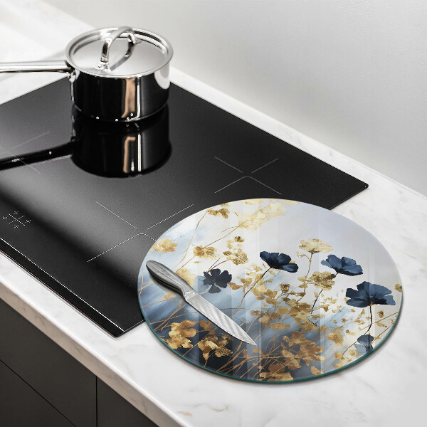 Skleněná deska do kuchyně Modré a zlaté květy