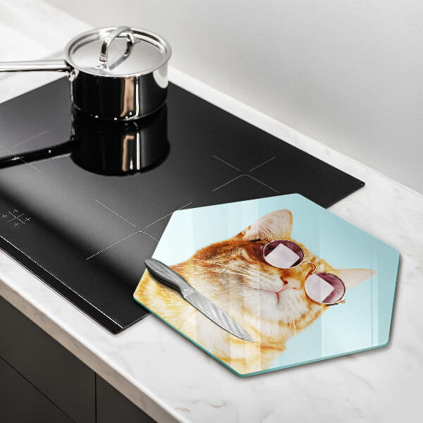 Skleněná krájecí deska Červená kočka s brýlemi