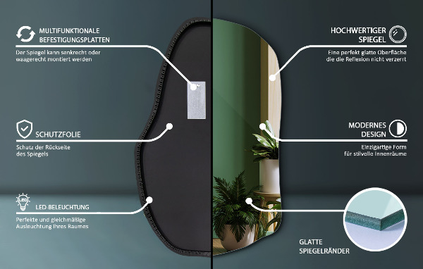 Nepravidelné zrcadlo s led osvětlením unikátní 70x46 cm