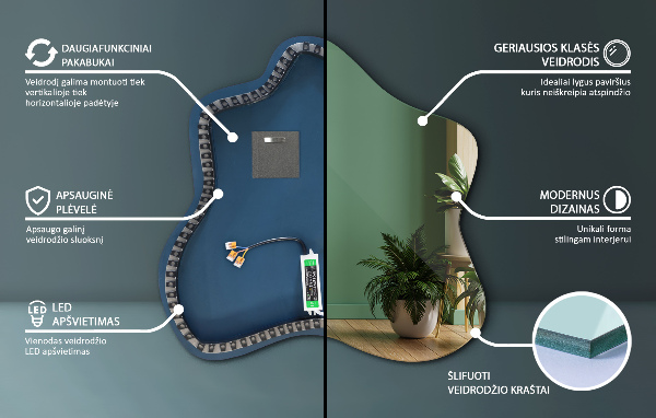 Asymetricke zrcadlo skvrna s led podsvícením 48x49 cm