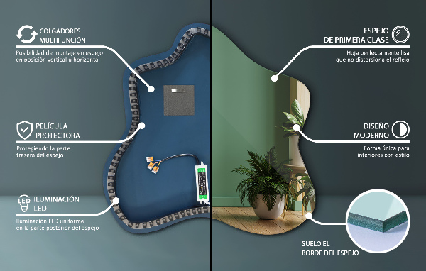 Asymetricke zrcadlo skvrna s led podsvícením 58x58 cm