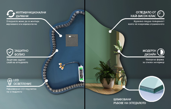 Asymetricke zrcadlo skvrna s led podsvícením 58x58 cm