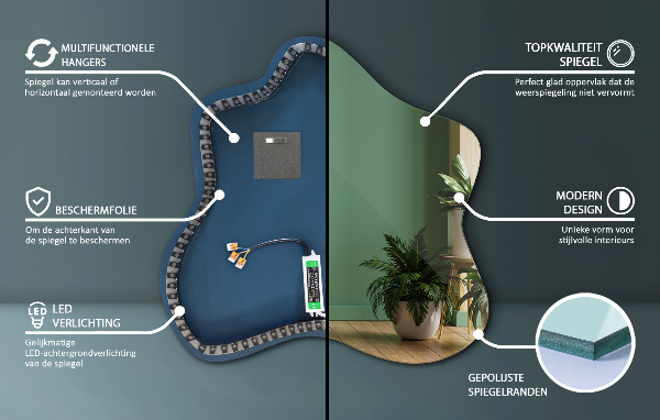 Atypické zrcadlo skvrna s osvětlením 77x77 cm