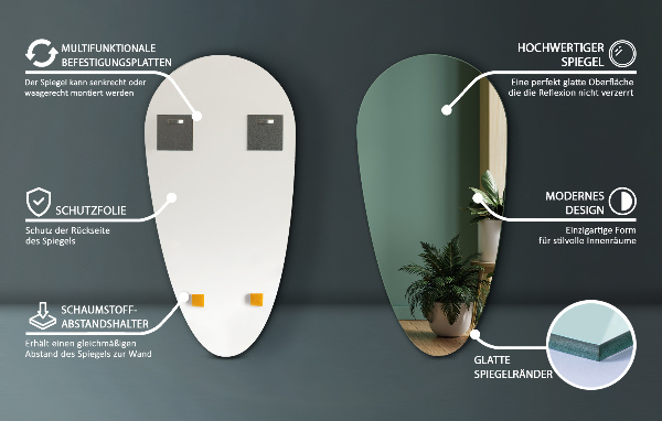 Nepravidelné zrcadlo ve tvaru slzy bez rámu 35x70 cm