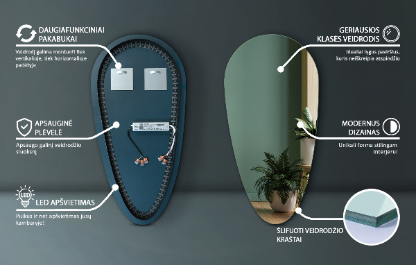 led zrcadlo ve tvaru kapky 40x80 cm