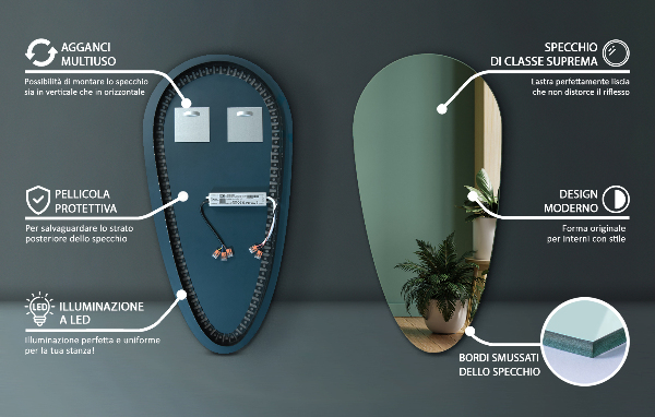 zrcadlo ve tvaru kapky s led 50x100 cm