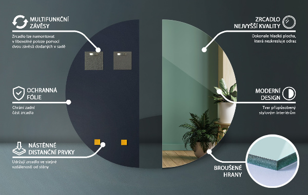 Půlkruhové designove zrcadlo bez rámu 35x70 cm