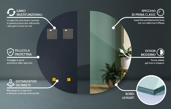 Půlkruhové designove zrcadlo bez rámu 35x70 cm