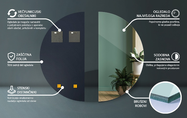 Půlkruhové zrcadlo na zeď bez rámu 45x90 cm