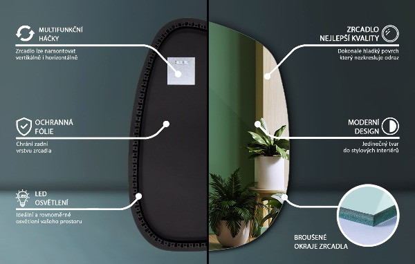 Asymetricke zrcadlo s led podsvícením ve tvaru skvrny 49x34 cm