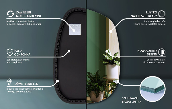 Asymetricke zrcadlo s led podsvícením ve tvaru skvrny 68x47 cm