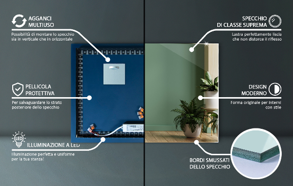 Obdélníkové zrcadlo na zeď s osvětlením 100x70 cm