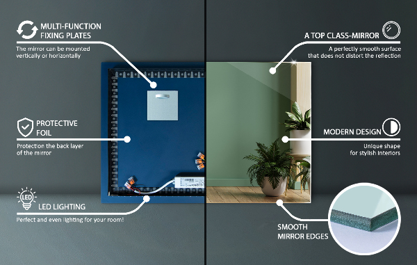 Obdélníkové nástěnné zrcadlo s led 50x50 cm