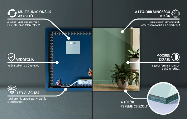 Obdélníkové nástěnné zrcadlo s osvětlením 70x50 cm