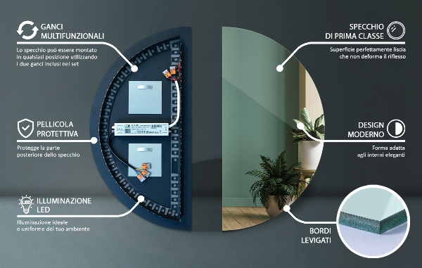 Půlkruhové zrcadlo bez rámu s osvětlením 25x50 cm