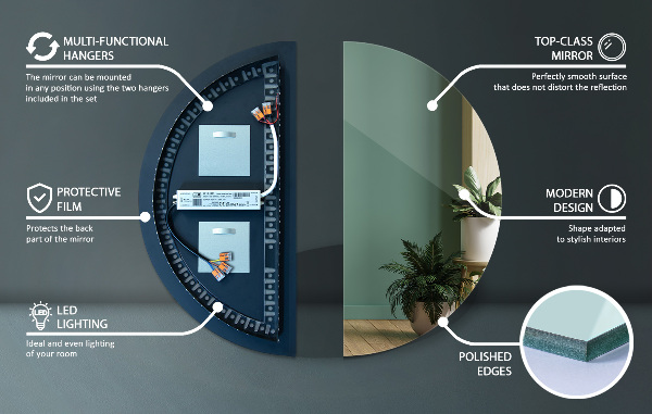 Půlkruhové zrcadlo bez rámu s osvětlením 25x50 cm