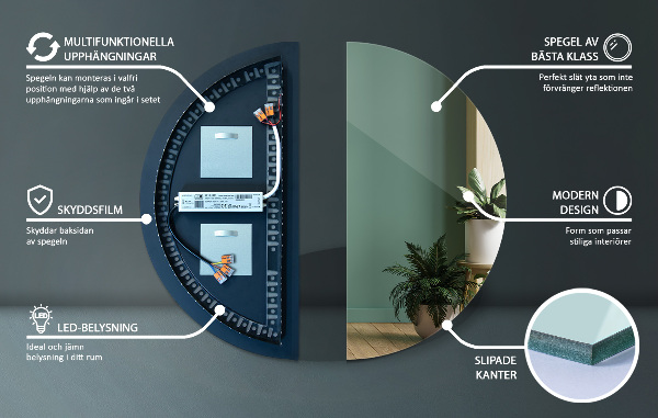 Půlkruhové zrcadlo na zeď s led osvětlením 30x60 cm