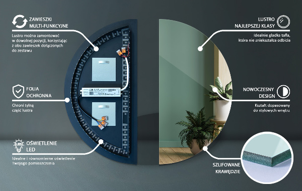 Nástěnné půlkruhové zrcadlo s led 35x70 cm