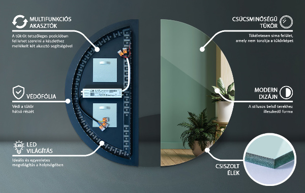 Designove půlkruhové zrcadlo s led 40x80 cm