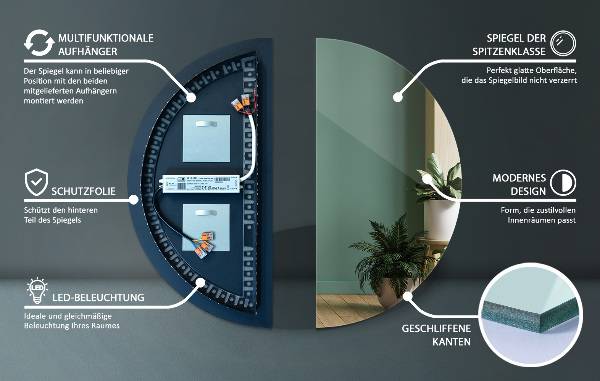 Půlkruhové zrcadlo bez rámu s led 45x90 cm