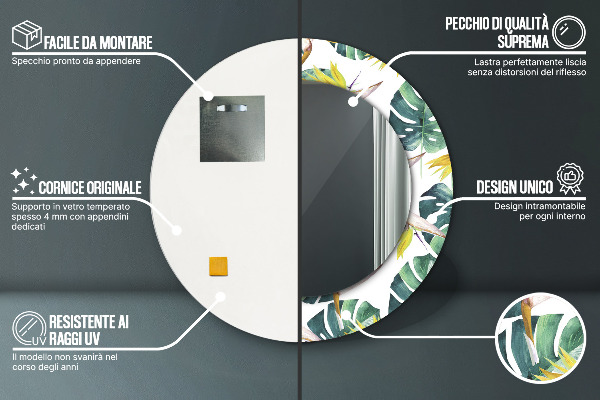 Kulaté dekorační zrcadlo na zeď Tropické listy