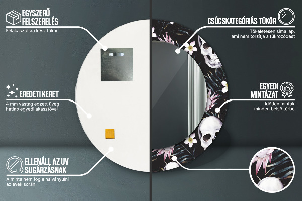 Kulaté dekorační zrcadlo na zeď Květiny lebky