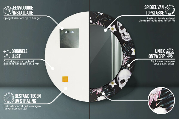 Kulaté dekorační zrcadlo na zeď Květiny lebky