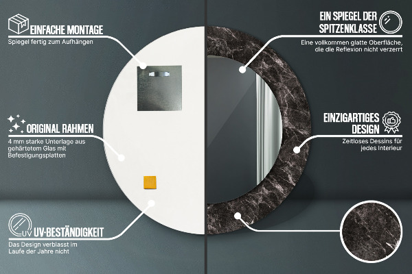 Kulaté zrcadlo rám s potiskem Černý mramor