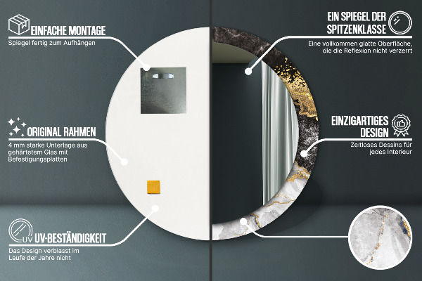 Kulaté zrcadlo rám s potiskem Mramor a zlato