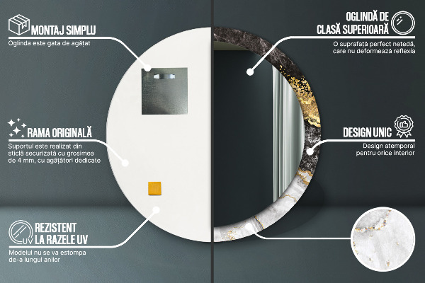 Kulaté zrcadlo rám s potiskem Mramor a zlato