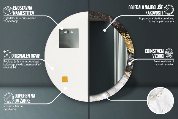 Kulaté zrcadlo rám s potiskem Mramor a zlato