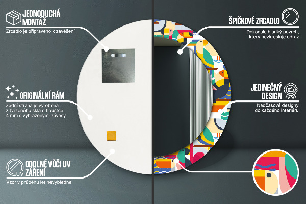 Kulaté zrcadlo s potiskem Geometrické tropické ptáky