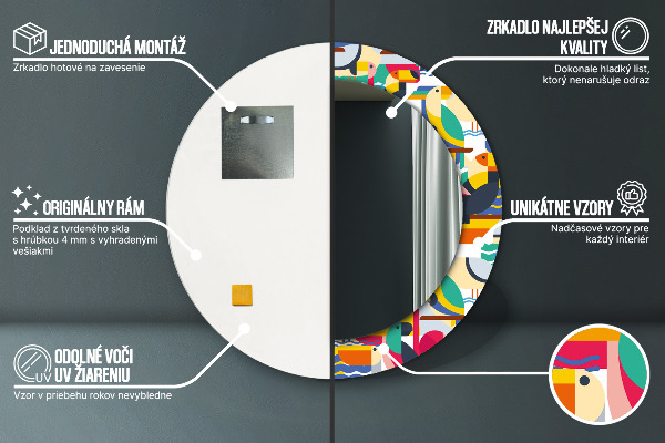 Kulaté zrcadlo s potiskem Geometrické tropické ptáky